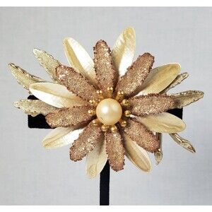1960s Glitzy Faux Pearl Gold Tone Daisy Cream Enamel Metal Signed MCM Brooch